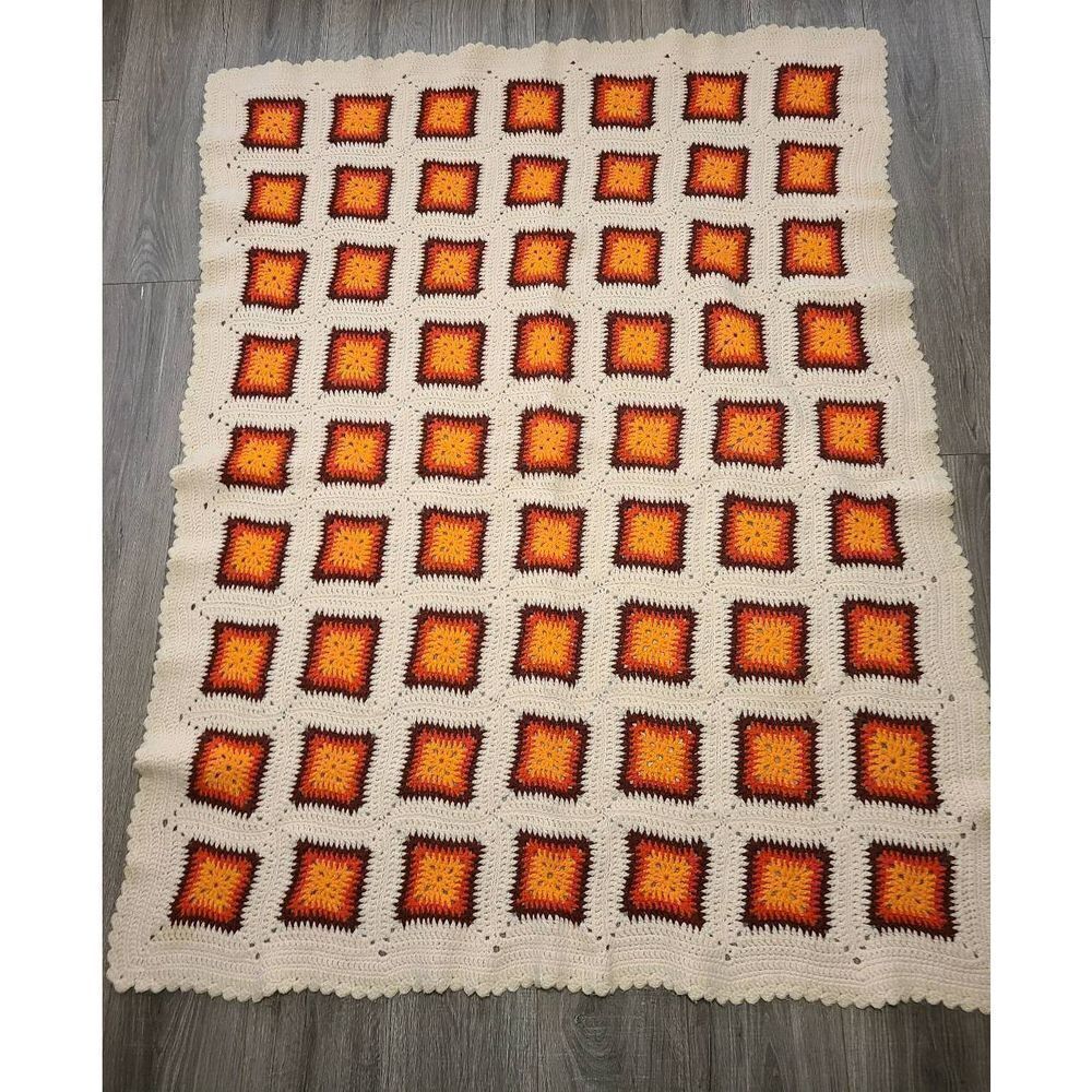 Afghan Blanket '70s 60x47 orange brown